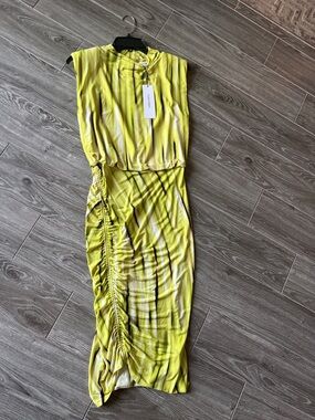 Calvin Klein Yellow Abstract-Print Ruched Midi Dress xs